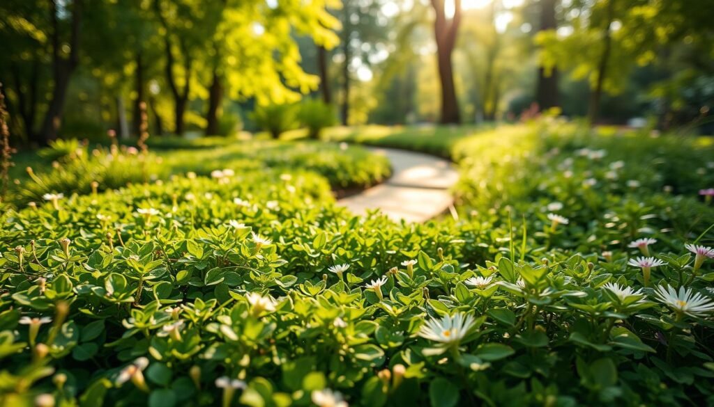 A vibrant garden scene showcasing a variety of low-growing ground cover plants (rośliny zadarniające) that thrive in ecological gardens. In the foreground, lush green plants like creeping thyme, periwinkle, and clover create a rich texture, with delicate flowers peeking through. The middle ground features a softly winding pathway bordered by these plants, enhancing the feeling of a harmonious ecosystem. In the background, sunlight filters through the leaves of taller trees, casting dappled shadows and creating a serene atmosphere. The scene is bright and inviting, with a warm color palette of greens and soft pastels. The image captures the essence of sustainability and biodiversity in the garden, suitable for the website sadzielony.pl. Soft ambient lighting and a slight depth of field focus on the foreground plants, blurring the background slightly for a professional, artistic touch.