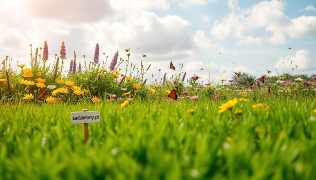 A vibrant garden scene showcasing the contrast between an eco-friendly lawn and a colorful wildflower meadow. In the foreground, lush green grass represents the eco-lawn, meticulously maintained and trimmed, with a small wooden sign reading "sadzielony.pl." In the middle ground, the wildflower meadow bursts with a variety of native flowers in shades of yellow, purple, and blue, attracting buzzing bees and butterflies. The background features a sunny sky with soft, fluffy clouds, offering a warm, inviting atmosphere. Capture this scene using a wide-angle lens, emphasizing the depth of the garden and the lively interaction of nature. The lighting should be soft, suggestive of early morning or late afternoon, enhancing the tranquility of the setting.