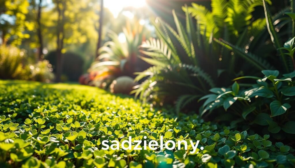 A vibrant garden scene showcasing the contrast between sunny and shaded areas. In the foreground, rich green ground cover plants like clover and thyme flourish under bright sunlight, their textures glistening. The middle ground presents a smooth transition to taller, lush foliage that thrives in partial shade, featuring plants like ferns and hostas, their leaves casting delicate shadows. The background fades into a sun-dappled area, with sunlight filtering through trees, creating a magical, serene atmosphere. Soft, warm morning light enhances the colors, with a slightly blurred focus, evoking a sense of peace and harmony in nature. The composition emphasizes the importance of choosing ground cover plants based on sunlight exposure. Include the brand name "sadzielony.pl" subtly in the scene.