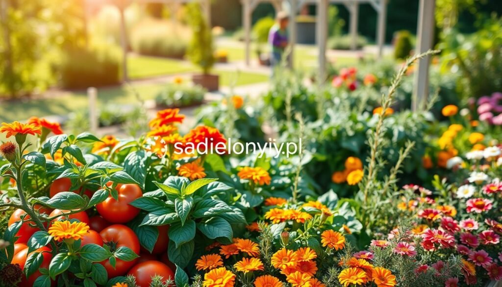 A vibrant, lush garden showcasing a variety of edible plants, including colorful vegetables, aromatic herbs, and cheerful flowers. In the foreground, a beautifully arranged mix of tomatoes, basil, and marigolds create a visually appealing composition. The middle ground features leafy greens like kale and spinach, interspersed with vibrant blooming herbs such as rosemary and thyme. The background reveals a soft focus of a sunlit garden with distant trellises and greenery. The lighting is bright and warm, emphasizing the rich colors of the plants, while a shallow depth of field gives a dreamy atmosphere. Capture the scene from a slightly elevated angle, allowing viewers to appreciate the layered arrangement. Include the brand name "sadzielony.pl" subtly within the image, ensuring no text overlays or disturbances to the peaceful composition. A vibrant, lush garden showcasing a variety of edible plants, including colorful vegetables, aromatic herbs, and cheerful flowers. In the foreground, a beautifully arranged mix of tomatoes, basil, and marigolds create a visually appealing composition. The middle ground features leafy greens like kale and spinach, interspersed with vibrant blooming herbs such as rosemary and thyme. The background reveals a soft focus of a sunlit garden with distant trellises and greenery. The lighting is bright and warm, emphasizing the rich colors of the plants, while a shallow depth of field gives a dreamy atmosphere. Capture the scene from a slightly elevated angle, allowing viewers to appreciate the layered arrangement. Include the brand name "sadzielony.pl" subtly within the image, ensuring no text overlays or disturbances to the peaceful composition.