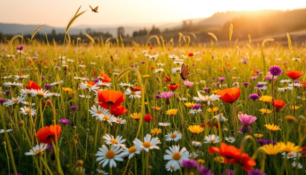 A vibrant meadow filled with a rich variety of wildflowers, including daisies, poppies, and buttercups, creating a colorful tapestry of nature. In the foreground, the flowers are in sharp focus, showcasing their intricate details and vivid colors under soft morning light. The middle ground features gently swaying grasses and a few butterflies fluttering above the blooms, adding a sense of life and movement. In the background, a serene landscape unfolds with rolling hills and distant trees, bathed in a warm golden glow, hinting at the richness of biodiversity. The atmosphere is peaceful and harmonious, inviting viewers to appreciate the beauty and ecological value of flower meadows. This image reflects the essence of "sadzielony.pl," emphasizing sustainability and nature's diversity.