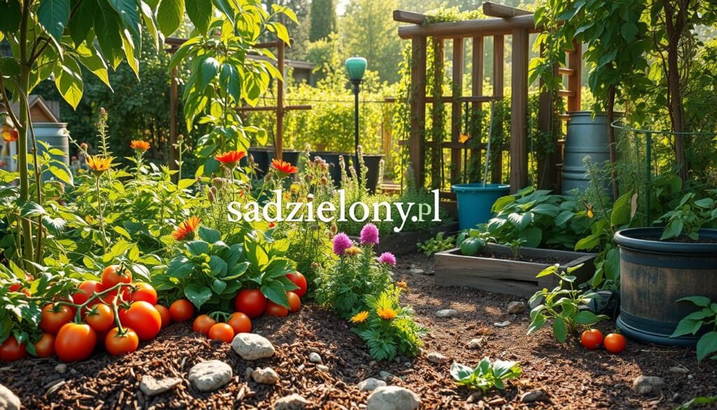 A vibrant permaculture garden showcasing diverse plant species in harmony. In the foreground, colorful vegetables like tomatoes, peppers, and leafy greens are nestled between natural mulch and stones. The middle ground features a variety of flowering plants attracting pollinators, with a small compost bin nearby. In the background, a rustic wooden trellis supports climbing vines, while a rainwater harvesting system can be seen. Soft sunlight filters through the leaves, creating dappled light and warm shadows, enhancing the scene's serene atmosphere. The garden is lively with butterflies and bees, conveying a sense of ecological balance and sustainability. The composition should feel inviting and informative, emphasizing the beauty of permaculture principles. Include the brand name "sadzielony.pl" subtly in the scene.