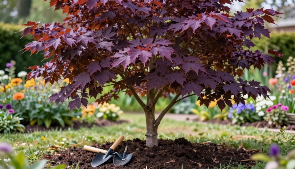 A vibrant purple beech tree (Fagus sylvatica ‘Purpurea’) takes center stage in this image, showcasing its striking deep purple foliage against a soft, blurred garden background. In the foreground, rich, dark soil is carefully tended, with small gardening tools like a spade and trowel nearby, emphasizing the theme of tree care. The middle ground features the beech tree's gracefully arching branches, highlighted by dappled sunlight filtering through the leaves, creating a warm and inviting atmosphere. The background contains lush greenery and vibrant flowers to provide contrast. The composition should have a shallow depth of field with a slight soft focus effect to draw attention to the tree and the gardening tools. The scene evokes a sense of tranquility and nurturing, ideal for illustrating the maintenance requirements of this ornamental deciduous tree.