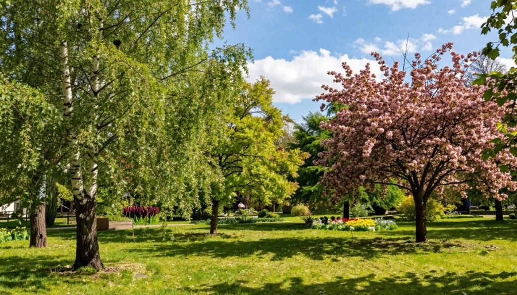 A vibrant scene depicting sunlight filtering through the branches of various decorative trees thriving in a Polish garden setting. In the foreground, a diverse array of ornamental trees, such as birch and cherry, showcasing lush green leaves and colorful blossoms. The middle ground features a well-manicured lawn with patches of wildflowers basking in the sun. In the background, a clear blue sky with soft, wispy clouds creates a serene atmosphere. The sunlight casts gentle shadows on the ground, illuminating the rich textures of the tree bark and leaves. The mood is peaceful and inviting, capturing the significance of climatic conditions for plant growth. The image should be bright and visually appealing, emphasizing the harmony between nature and sunlight.