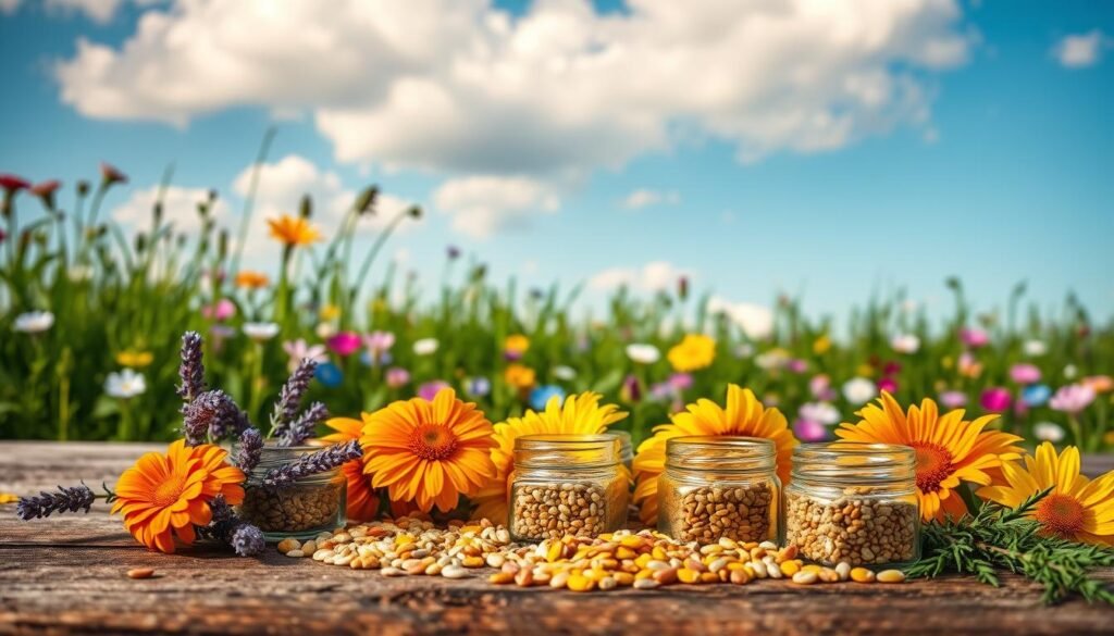 A vibrant selection of various flower seeds spread out on a rustic wooden table, showcasing an array of colors and textures. In the foreground, focus on the different seed types: bright orange marigold seeds, delicate purple lavender seeds, and cheerful yellow sunflower seeds, all in clear, small glass jars. The middle ground features a lush green meadow with blooming wildflowers in shades of blue, pink, and white, representing a colorful flower meadow instead of a traditional lawn. In the background, a clear blue sky with soft, fluffy white clouds creates a serene atmosphere. Warm, soft lighting highlights the natural beauty of the seeds and the flowers, evoking a sense of tranquility and ecological harmony. This image represents the brand "sadzielony.pl" in its dedication to promoting beautiful, sustainable gardening options.