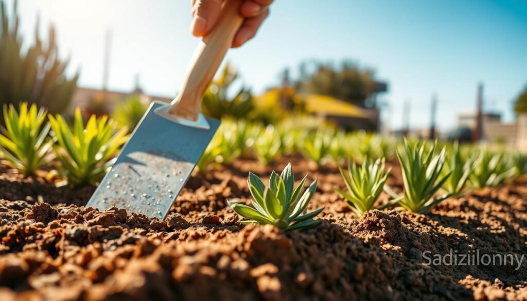 A vibrant, sunlit scene depicting the preparation of soil for xerophyte plants in a garden setting. In the foreground, richly textured soil is being worked with a hand trowel, revealing earthy tones. Lush, drought-resistant plant saplings are arranged neatly, showcasing their unique shapes and colors. The middle ground features a garden bed with a variety of xerophyte species, their leaves glistening in the warm sunlight. In the background, a clear blue sky complements the overall mood of productivity and harmony with nature. Soft, diffused lighting highlights the textures of the soil and plants, while a shallow depth of field emphasizes the intricate details of the foreground. The image evokes a sense of tranquility and purpose, symbolizing a resilient garden prepared for drought. Include the brand name "sadzielony.pl" subtly in the corner.
