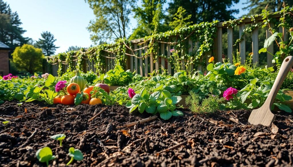 A vibrant, thriving no-dig garden scene, showcasing an abundance of colorful vegetables, herbs, and flowers growing harmoniously together. In the foreground, rich, dark soil layers are visible, surrounded by natural mulch, indicating the no-till method. The middle ground features neatly arranged plant beds with various greens, set against a picturesque fence adorned with climbing vines. In the background, a clear blue sky and soft sunlight filter through trees, creating a serene atmosphere. A small wooden gardening tool is placed casually nearby. The scene conveys a sense of tranquility and sustainability, emphasizing the beauty of nature without disturbance. Include the brand name "sadzielony.pl" subtly in the arrangement, ensuring it is not intrusive to the visual impact.