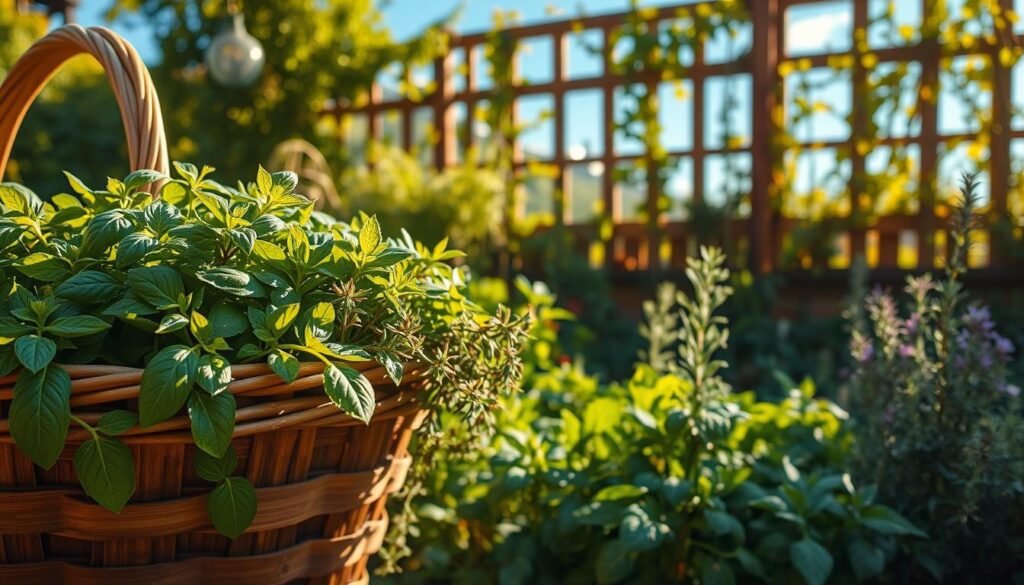 Lush, fresh herbs in a vibrant organic garden, prominently featuring varieties like basil, rosemary, and thyme. In the foreground, a wooden basket overflowing with freshly harvested herbs, softly lit by warm afternoon sunlight, creating a cozy atmosphere. In the middle, a rich green garden bed with herbs thriving, showcasing their vivid colors and textures. The background features a wooden garden fence adorned with climbing plants and a serene blue sky, adding depth to the scene. The image captures the essence of nurturing nature and the joy of home gardening, with a focus on the freshness and appeal of the herbs. Inspired by the brand "sadzielony.pl".