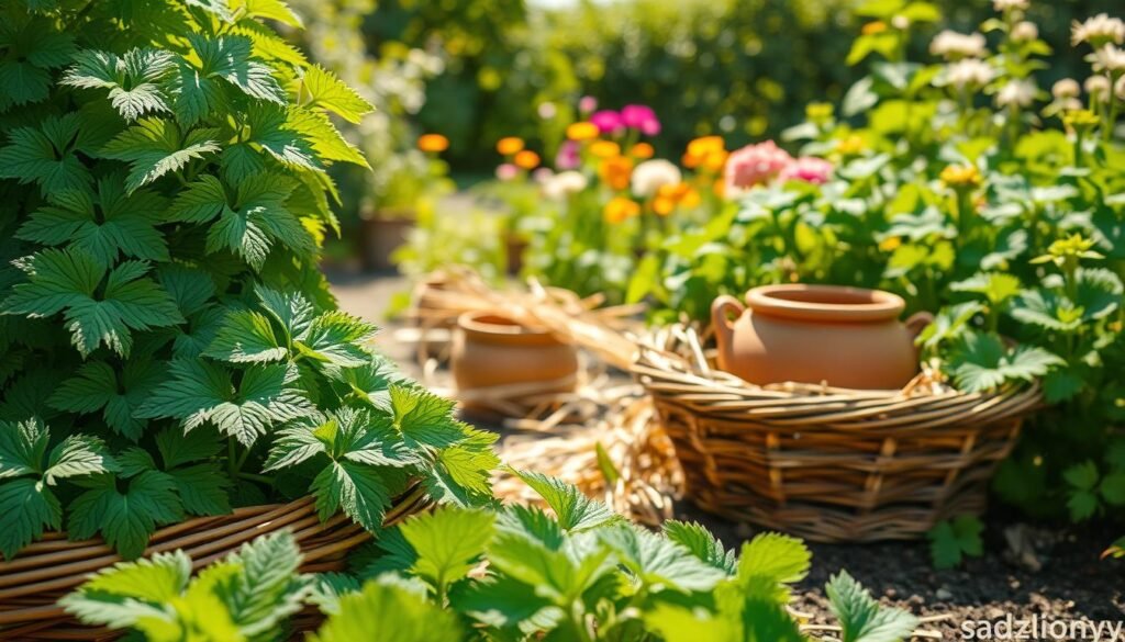Lush green stinging nettles (pokrzywy) in a sunny garden setting, with dense clusters of leaves showcasing their unique serrated edges. In the foreground, fresh, dew-kissed nettles are arranged artistically in a rustic wooden basket, symbolizing the key ingredient for natural fertilizers. The middle ground features a small fermentation setup—an artisan clay pot surrounded by natural materials like straw and soil, hinting at a traditional method. The background depicts a harmonious garden with vibrant flowers and healthy plants, bathed in warm golden light, creating an inviting atmosphere. The scene should feel serene and natural, reflecting the theme of nurturing plants. Mindfully crafted, this image is to illustrate the art of fermentation using nettles for organic gardening, branded subtly with "sadzielony.pl". Lush green stinging nettles (pokrzywy) in a sunny garden setting, with dense clusters of leaves showcasing their unique serrated edges. In the foreground, fresh, dew-kissed nettles are arranged artistically in a rustic wooden basket, symbolizing the key ingredient for natural fertilizers. The middle ground features a small fermentation setup—an artisan clay pot surrounded by natural materials like straw and soil, hinting at a traditional method. The background depicts a harmonious garden with vibrant flowers and healthy plants, bathed in warm golden light, creating an inviting atmosphere. The scene should feel serene and natural, reflecting the theme of nurturing plants. Mindfully crafted, this image is to illustrate the art of fermentation using nettles for organic gardening, branded subtly with "sadzielony.pl".