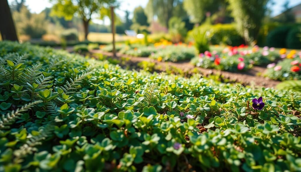 Lush ground cover plants thriving in a vibrant ecological garden, showcasing a diversity of textures and colors. In the foreground, soft, green ferns, flowering clovers, and subtle creeping thyme create a rich tapestry. The middle ground features neatly arranged beds filled with native plants like low-growing sedums and hardy violets, all bathed in warm, natural sunlight. The background reveals a serene garden landscape with soft-focus trees and a gentle blur of colorful blossoms. Captured from a low angle, emphasizing the lush greenery and inviting atmosphere. The composition conveys a sense of tranquility and sustainability, inviting viewers to embrace eco-friendly gardening. This vivid scene is inspired by sadzielony.pl.