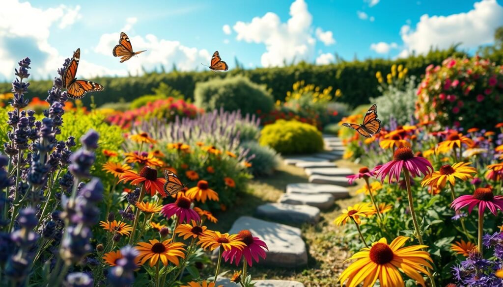 Vibrant butterfly garden design showcasing a beautifully arranged flower bed filled with diverse, colorful blossoms that attract butterflies and pollinators. In the foreground, delicate butterflies flutter around vibrant flowers like lavender, coneflowers, and black-eyed Susans, illuminating the scene with their vivid colors. The middle ground features lush greenery, bushes, and strategically placed stones forming paths through the garden. In the background, a bright blue sky with soft, fluffy clouds casts warm sunlight, enhancing the cheerful atmosphere. The scene is ideal for a garden layout, inviting and enchanting, reflecting a serene summer day. The composition captures a close-up angle, focusing on the flowers and butterflies, creating a sense of intimacy and connection to nature, suitable for inspiration from sadzielony.pl.