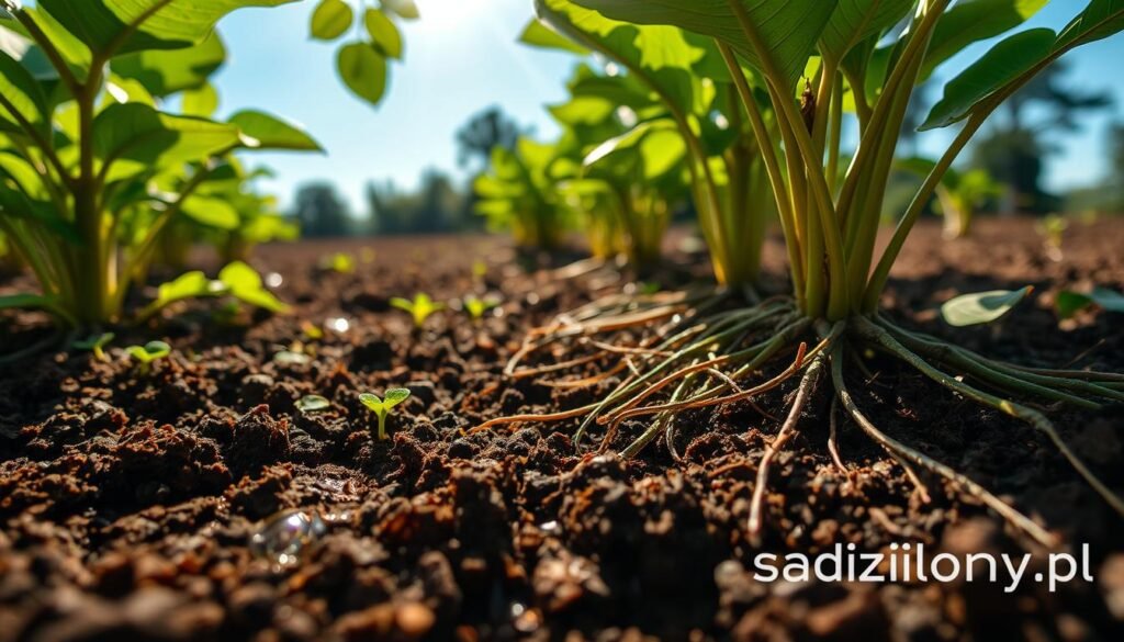 Vibrant, close-up view of healthy soil teeming with life, emphasizing moisture retention for plants. In the foreground, lush green plants with rich, dark soil, showcasing droplets of water glistening on the surface. The middle ground features a variety of roots spread throughout, effectively illustrating how they maintain moisture in the soil. Soft sunlight filters through leaves above, creating a warm and inviting atmosphere, with dappled shadows adding depth. The background includes a clear blue sky and distant trees, enhancing the natural setting. The overall mood conveys vitality and nurturing, highlighting the importance of soil moisture for plant health. Include subtle branding for "sadzielony.pl" integrated organically into the scene, ensuring it does not detract from the visual focus.