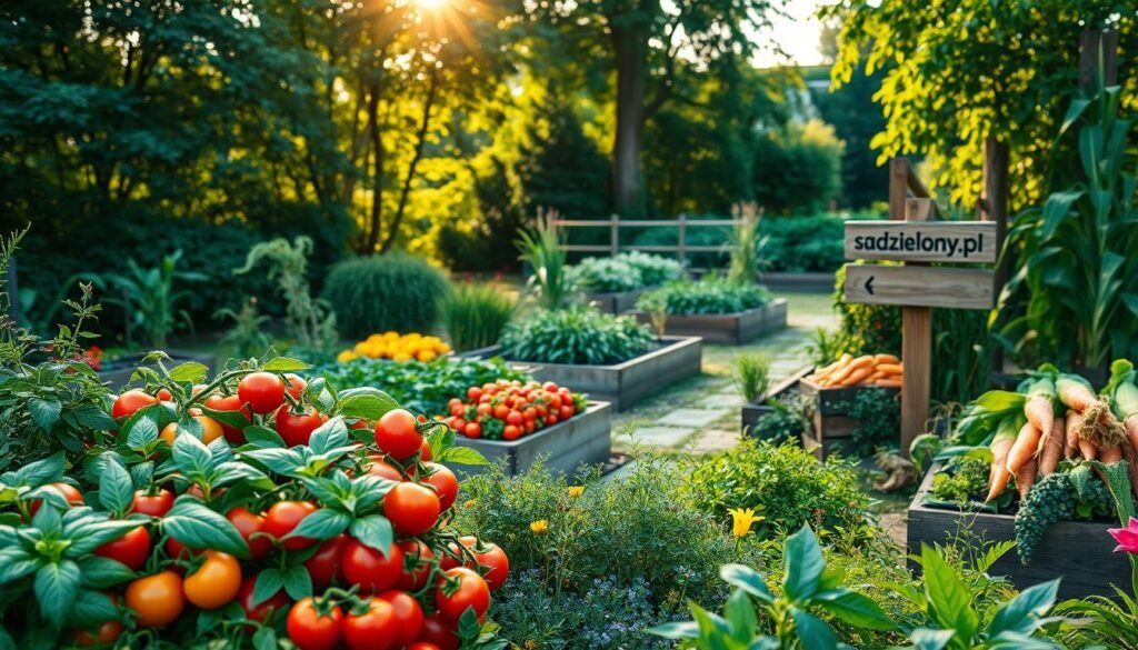 Vibrant display of the best vegetable combinations in a lush, ecological garden setting, emphasizing companion planting. In the foreground, colorful vegetables like tomatoes, basil, and peppers flourish, showcasing abundant greenery and vibrant hues. The middle ground features raised garden beds arranged artistically with sweet corn and carrots, intertwined with flowering herbs, creating a harmonious blend. In the background, gentle sunlight filters through leafy trees, casting a warm, inviting glow over the scene. A rustic wooden sign subtly labeled "sadzielony.pl" stands beside a garden path, enhancing the organic feel. The overall mood is cheerful and lively, inspiring viewers with the beauty of sustainable gardening practices. Use a soft focus lens effect to create a dreamlike quality, highlighting the interconnectedness of plants in an eco-friendly garden.