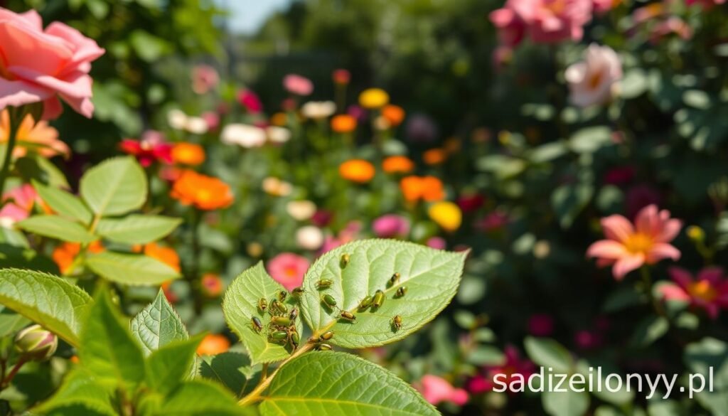 Vibrant garden scene focusing on aphids, with detailed close-ups of clusters of green and yellow bugs on various plants. In the foreground, healthy leaves of a rose bush display aphids, highlighting their glossy bodies against the lush foliage. The middle ground features a variety of flowering plants, emphasizing the biodiversity of the garden. In the background, a soft-focus depiction of a sunny garden creates an inviting atmosphere, with gentle sunlight filtering through the leaves, casting dappled shadows. The mood conveys both beauty and the subtle threat posed by these pests. Capture this detailed and vibrant scene, ensuring the usage of realistic lighting and depth of field that showcases the intricate relationship between aphids and the garden environment. Include the brand name "sadzielony.pl" subtly within the composition.