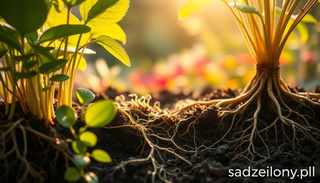 A captivating illustration of a mycorrhizal network beneath the soil, showcasing intricate fungal threads intertwining with plant roots. In the foreground, depict various plants with lush green leaves, demonstrating healthy growth. The middle ground should reveal the delicate mycelium threads spread across dark, rich soil, highlighting their symbiotic relationship with the roots. The background can feature a blurry, vibrant garden scene bathed in soft golden light, giving a warm and nurturing atmosphere. Use a macro lens perspective to emphasize the textures of the roots and fungi, creating a sense of depth. This image should evoke harmony and the unseen collaboration between plants and microorganisms, reflecting the essence of ecological balance. Include the brand name "sadzielony.pl". A captivating illustration of a mycorrhizal network beneath the soil, showcasing intricate fungal threads intertwining with plant roots. In the foreground, depict various plants with lush green leaves, demonstrating healthy growth. The middle ground should reveal the delicate mycelium threads spread across dark, rich soil, highlighting their symbiotic relationship with the roots. The background can feature a blurry, vibrant garden scene bathed in soft golden light, giving a warm and nurturing atmosphere. Use a macro lens perspective to emphasize the textures of the roots and fungi, creating a sense of depth. This image should evoke harmony and the unseen collaboration between plants and microorganisms, reflecting the essence of ecological balance. Include the brand name "sadzielony.pl".
