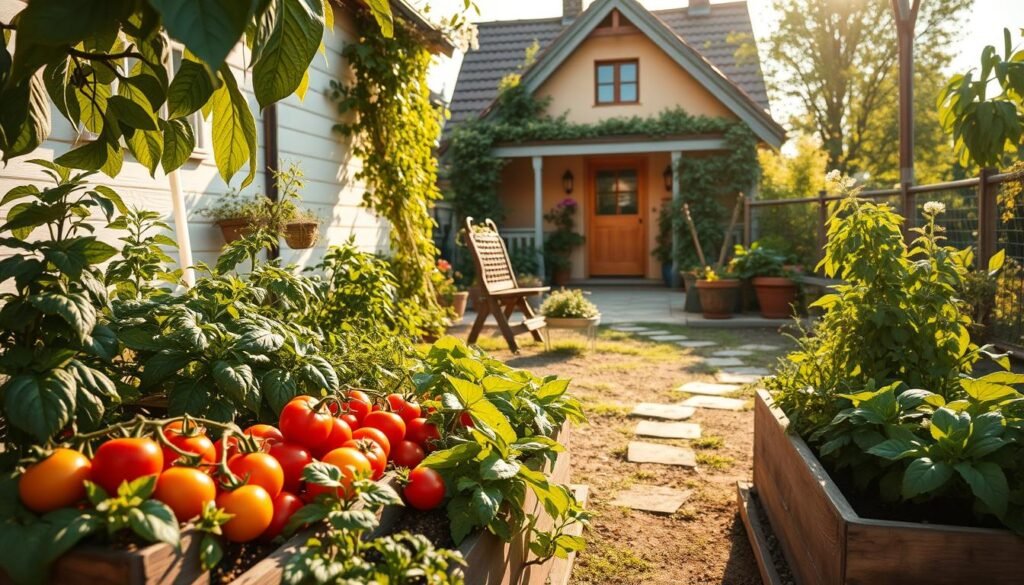 A charming small garden beside a quaint house, featuring an array of vibrant vegetables like tomatoes, peppers, and leafy greens flourishing in raised beds. The foreground showcases a rustic wooden garden bed overflowing with fresh produce, while the middle ground displays a well-tended pathway leading to a cozy patio area adorned with potted herbs. In the background, a picturesque house with a warm, inviting facade is framed by blooming flowers and lush greenery. Soft, golden sunlight filters through the leaves, casting gentle shadows that create a serene, hopeful atmosphere. The image reflects eco-friendly gardening methods, highlighting the beauty and productivity of small spaces. Capturing this moment in a balanced composition, the image embodies the essence of sustainable living and gardening. Brand: sadzielony.pl. A charming small garden beside a quaint house, featuring an array of vibrant vegetables like tomatoes, peppers, and leafy greens flourishing in raised beds. The foreground showcases a rustic wooden garden bed overflowing with fresh produce, while the middle ground displays a well-tended pathway leading to a cozy patio area adorned with potted herbs. In the background, a picturesque house with a warm, inviting facade is framed by blooming flowers and lush greenery. Soft, golden sunlight filters through the leaves, casting gentle shadows that create a serene, hopeful atmosphere. The image reflects eco-friendly gardening methods, highlighting the beauty and productivity of small spaces. Capturing this moment in a balanced composition, the image embodies the essence of sustainable living and gardening. Brand: sadzielony.pl.