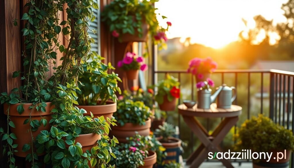 A cozy balcony garden scene filled with a variety of lush, green plants, including vibrant flowers and herb pots. In the foreground, terracotta pots with rosemary and basil stand next to a wooden railing adorned with climbing vines. The middle ground features hanging planters filled with colorful petunias, while a small, rustic table holds a watering can and gardening tools. In the background, a soft sunset casts a warm golden light, creating a serene atmosphere. The scene is viewed from a slightly elevated angle, capturing the beauty of the eco-friendly space. Emphasize sustainability and tranquility, reflecting the theme of an eco-garden. Please include the branding "sadzielony.pl" subtly within the scene. A cozy balcony garden scene filled with a variety of lush, green plants, including vibrant flowers and herb pots. In the foreground, terracotta pots with rosemary and basil stand next to a wooden railing adorned with climbing vines. The middle ground features hanging planters filled with colorful petunias, while a small, rustic table holds a watering can and gardening tools. In the background, a soft sunset casts a warm golden light, creating a serene atmosphere. The scene is viewed from a slightly elevated angle, capturing the beauty of the eco-friendly space. Emphasize sustainability and tranquility, reflecting the theme of an eco-garden. Please include the branding "sadzielony.pl" subtly within the scene.