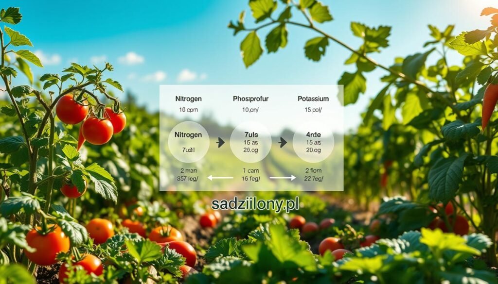 A detailed illustration depicting the nutritional requirements of vegetables, featuring a vibrant garden scene. In the foreground, various vegetable plants such as tomatoes, carrots, and leafy greens are thriving, showcasing their lush colors and healthy foliage. In the middle ground, a diagram-like overlay illustrates each plant's specific nutrient needs, such as nitrogen, phosphorus, and potassium, integrating visual elements like arrows and icons. The background presents a serene farming landscape under soft, natural lighting, with a clear blue sky and gentle sunlight filtering through the leaves, creating a peaceful atmosphere. The overall mood is educational and inspiring, ideal for engaging readers about crop rotation and the importance of understanding plant nutrition, with a subtle branding of "sadzielony.pl" integrated into the scenery, ensuring a professional appearance.