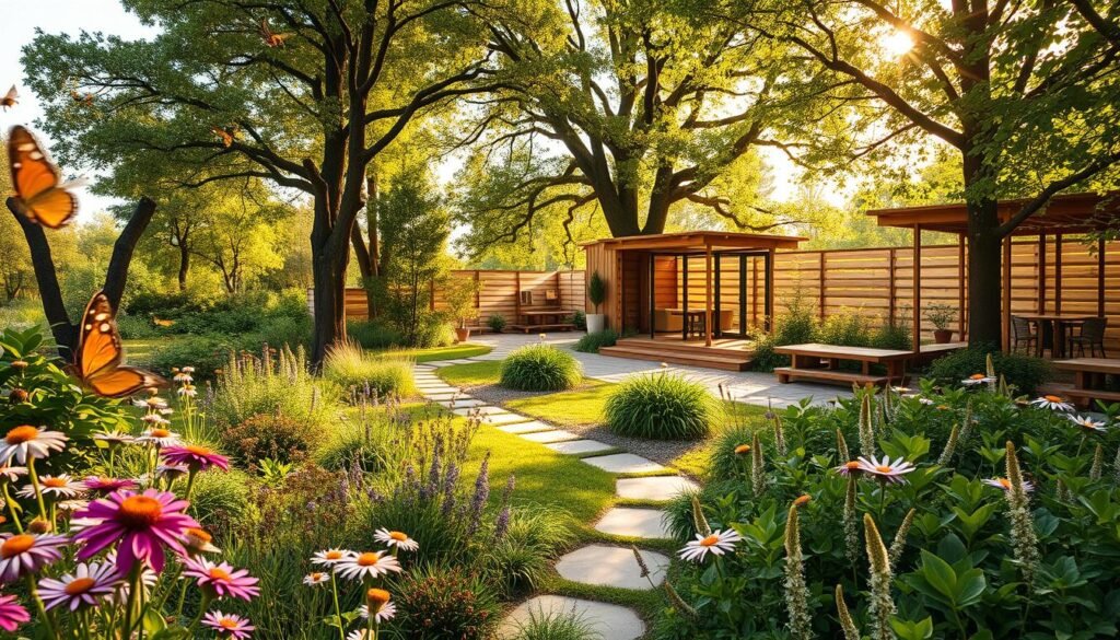 A harmonious garden showcasing the concept of "partnerstwo z przyrodą." In the foreground, vibrant native plants and flowers bloom, with bees and butterflies fluttering around, symbolizing biodiversity. The middle ground features a beautifully designed sustainable terrace made of reclaimed wood, with various seating areas and tables for eco-conscious gatherings. An inviting pathway winds through the greenery, enhancing the natural flow. In the background, mature trees provide a lush canopy, filtering soft golden sunlight. The atmosphere is serene and uplifting, emphasizing a connection between humans and nature. A gentle breeze rustles the leaves, creating a sense of tranquility. The image reflects the essence of nature-friendly design philosophy, with the branding "sadzielony.pl" subtly incorporated into the landscape as a small sign near the terrace.