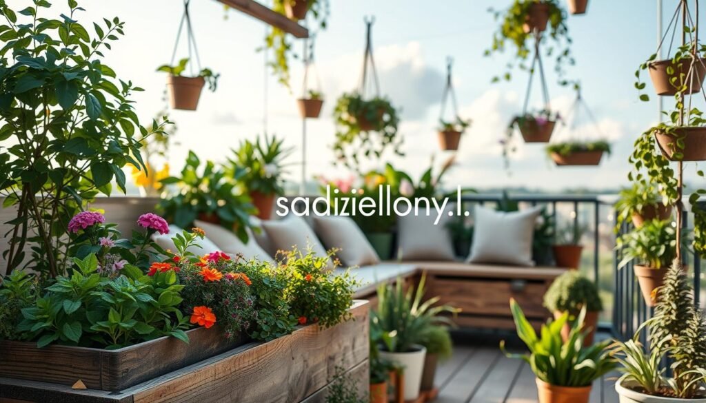 A lush, eco-friendly balcony filled with vibrant greenery and sustainable features. In the foreground, a wooden planter box overflowing with colorful flowers and herbs, alongside small potted plants made from recycled materials. The middle layer showcases a cozy seating area with natural fiber cushions on a reclaimed wood bench, surrounded by hanging plants and twinkling fairy lights, creating a warm and inviting ambiance. The background hints at a soft blue sky with a few fluffy clouds, bathed in gentle afternoon sunlight. The atmosphere is serene and tranquil, perfect for relaxation and connection with nature. Include the brand name "sadzielony.pl" subtly integrated in the scene, emphasizing sustainable garden design. A lush, eco-friendly balcony filled with vibrant greenery and sustainable features. In the foreground, a wooden planter box overflowing with colorful flowers and herbs, alongside small potted plants made from recycled materials. The middle layer showcases a cozy seating area with natural fiber cushions on a reclaimed wood bench, surrounded by hanging plants and twinkling fairy lights, creating a warm and inviting ambiance. The background hints at a soft blue sky with a few fluffy clouds, bathed in gentle afternoon sunlight. The atmosphere is serene and tranquil, perfect for relaxation and connection with nature. Include the brand name "sadzielony.pl" subtly integrated in the scene, emphasizing sustainable garden design.