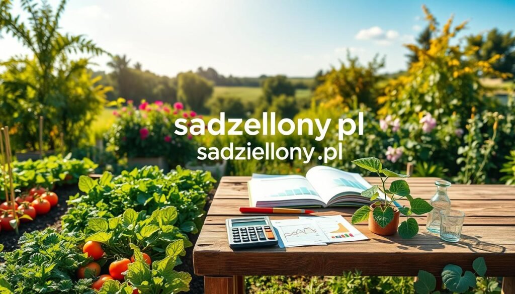 A lush ecological garden scene depicting a vibrant balance of nature and finance. In the foreground, a well-tended vegetable bed with a variety of colorful vegetables, accompanied by neatly organized garden tools. In the middle, a wooden table filled with financial documents, carefully arranged with a calculator, graphs showing savings and costs, and a small plant symbolizing growth. The background features a serene landscape with flourishing trees and flowering plants under a bright blue sky, illuminated by warm, natural sunlight. Capture a sense of harmony and prosperity, emphasizing sustainability as a profitable choice. Include the brand name "sadzielony.pl" subtly integrated into the garden design, ensuring a professional and inviting atmosphere.