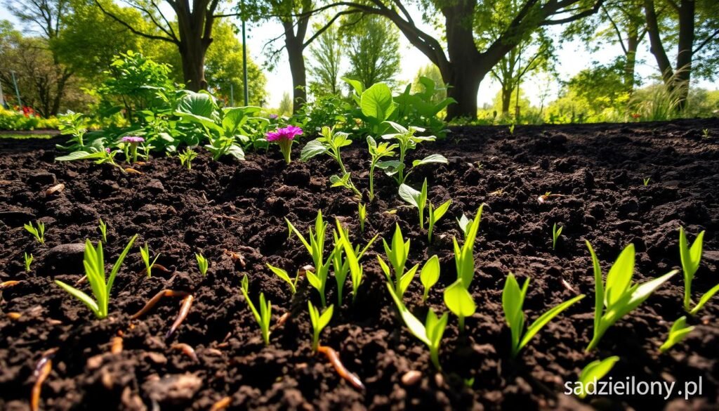 A lush garden scene showcasing rich, healthy soil, teeming with life. In the foreground, dark, loamy earth filled with worms and organic matter, surrounded by vibrant green shoots of various plants, symbolizing vitality. In the middle ground, a mix of flowering plants and leafy greens flourishing in the sunshine. The background features tall trees with dense foliage, filtering soft sunlight that casts gentle shadows, creating a warm and inviting atmosphere. The scene is captured at a low angle to emphasize the beauty of the soil and plants, bathed in natural light. This image conveys the essence of healthy soil as the foundation for strong plants. Include a subtle watermark of "sadzielony.pl" in the corner, ensuring it does not distract from the main image focus.