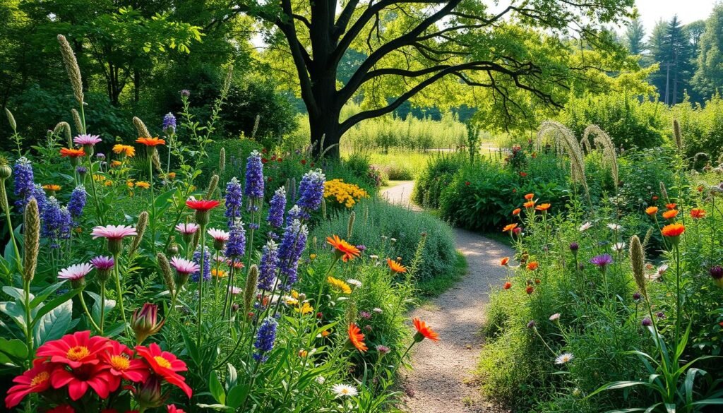 A lush, harmonious garden embodying ecological principles, filled with a vibrant array of native plants. In the foreground, healthy perennials bloom in an assortment of colors, while companion plants create a natural symbiotic relationship. The middle ground features a gently winding path, lined with low-maintenance shrubs and wildflowers, leading deeper into the serene space. The background showcases a natural tree line, filtering soft, dappled sunlight through the leaves, casting gentle shadows across the garden. The atmosphere is tranquil and inviting, suggesting a safe haven for local wildlife. The scene is captured with a wide-angle lens, emphasizing the garden's depth and diversity. The brand name "sadzielony.pl" is subtly integrated into the design elements.
