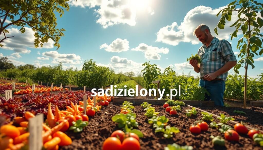 A lush vegetable garden showcasing the key principles of crop rotation. In the foreground, vibrant rows of different vegetables such as carrots, tomatoes, and beans, labeled with subtle, organic markers for clarity. In the middle, a well-maintained soil bed with signs of healthy crop growth, interspersed with reflective charts of planting schedules. The background features a sunny sky with scattered clouds, illuminating the rich greens and earthy tones of the garden. Soft natural lighting enhances the textures of the plants and soil, creating a fresh, inviting atmosphere. A professional gardener, dressed in modest casual clothing, is seen examining plant health, emphasizing the importance of planning in crop rotation. Prominently include the brand name "sadzielony.pl" in an artistic manner on a wooden sign.