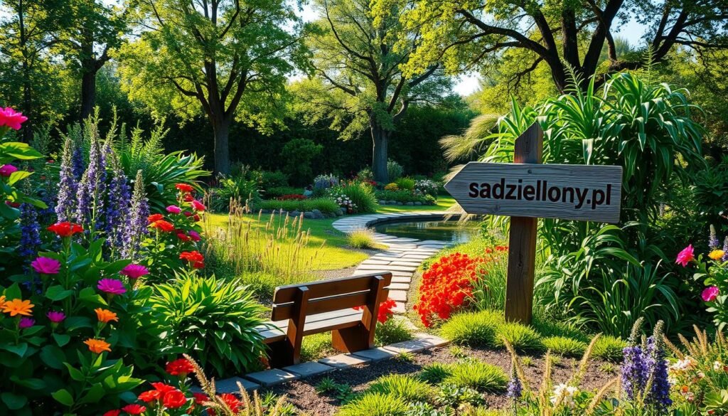 A lush, vibrant ecological garden featuring a variety of ornamental plants in full bloom, such as colorful flowers and lush greenery, showcasing the beauty and diversity of nature. In the foreground, a small wooden bench invites relaxation among the greenery. The middle ground features a winding path made of natural stones, leading to a small pond reflecting the blue sky. In the background, a few trees provide dappled sunlight, creating a serene and peaceful atmosphere. Soft, warm lighting casts gentle shadows, enhancing the rich colors of the plants. The mood is tranquil and harmonious, inviting viewers to appreciate the wonders of an ecological ornamental garden. Include the brand name "sadzielony.pl" subtly integrated into the design of a rustic signpost within the garden scene. A lush, vibrant ecological garden featuring a variety of ornamental plants in full bloom, such as colorful flowers and lush greenery, showcasing the beauty and diversity of nature. In the foreground, a small wooden bench invites relaxation among the greenery. The middle ground features a winding path made of natural stones, leading to a small pond reflecting the blue sky. In the background, a few trees provide dappled sunlight, creating a serene and peaceful atmosphere. Soft, warm lighting casts gentle shadows, enhancing the rich colors of the plants. The mood is tranquil and harmonious, inviting viewers to appreciate the wonders of an ecological ornamental garden. Include the brand name "sadzielony.pl" subtly integrated into the design of a rustic signpost within the garden scene.