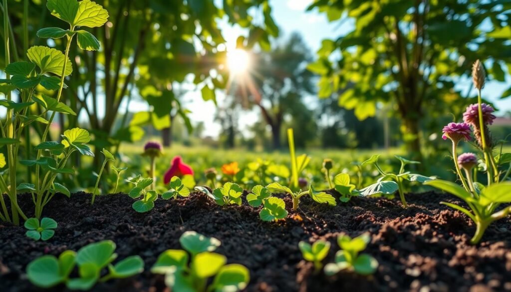 A lush, vibrant garden scene showcasing healthy, nutrient-rich soil known as "gleby." In the foreground, a variety of green plants with deep roots are flourishing, symbolizing natural soil improvement. These plants include legumes like clover and vetch, alongside vibrant flowers and herbs, visually illustrating their benefits. In the middle ground, sunbeams filter through leaves, casting a warm glow on the soil, highlighting its rich, dark texture and moisture. The background features distant trees and a blue sky, evoking a sense of tranquility and abundance. The atmosphere is inviting and earthy, emphasizing the connection between plants and soil health, reflecting the brand "sadzielony.pl." The scene is captured in soft focus for a dreamy effect, using natural lighting to enhance the freshness of the garden. A lush, vibrant garden scene showcasing healthy, nutrient-rich soil known as "gleby." In the foreground, a variety of green plants with deep roots are flourishing, symbolizing natural soil improvement. These plants include legumes like clover and vetch, alongside vibrant flowers and herbs, visually illustrating their benefits. In the middle ground, sunbeams filter through leaves, casting a warm glow on the soil, highlighting its rich, dark texture and moisture. The background features distant trees and a blue sky, evoking a sense of tranquility and abundance. The atmosphere is inviting and earthy, emphasizing the connection between plants and soil health, reflecting the brand "sadzielony.pl." The scene is captured in soft focus for a dreamy effect, using natural lighting to enhance the freshness of the garden.