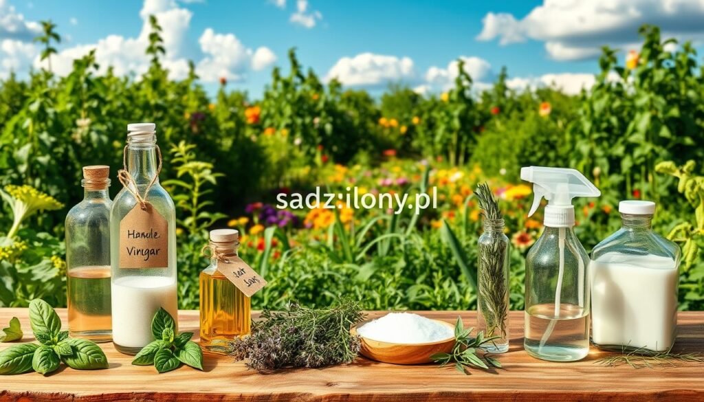 A peaceful garden scene showcasing various homemade remedies for weed control. In the foreground, a wooden table displays clear glass bottles filled with natural mixtures like vinegar, salt, and soap, labeled with handwritten tags. Fresh herbs such as basil and rosemary are scattered around, highlighting their pest-repelling properties. In the middle ground, a vibrant garden with flourishing vegetables and flowers contrasts with patches of unwanted weeds, displaying the effectiveness of these methods. The background features a sunny blue sky with fluffy clouds, creating a warm and inviting atmosphere. Soft, natural lighting enhances the colors, giving life to the plants. The brand name "sadzielony.pl" is subtly integrated into the scene, only visible in the product labels. The overall mood is serene and nurturing, illustrating a sustainable approach to gardening. A peaceful garden scene showcasing various homemade remedies for weed control. In the foreground, a wooden table displays clear glass bottles filled with natural mixtures like vinegar, salt, and soap, labeled with handwritten tags. Fresh herbs such as basil and rosemary are scattered around, highlighting their pest-repelling properties. In the middle ground, a vibrant garden with flourishing vegetables and flowers contrasts with patches of unwanted weeds, displaying the effectiveness of these methods. The background features a sunny blue sky with fluffy clouds, creating a warm and inviting atmosphere. Soft, natural lighting enhances the colors, giving life to the plants. The brand name "sadzielony.pl" is subtly integrated into the scene, only visible in the product labels. The overall mood is serene and nurturing, illustrating a sustainable approach to gardening.