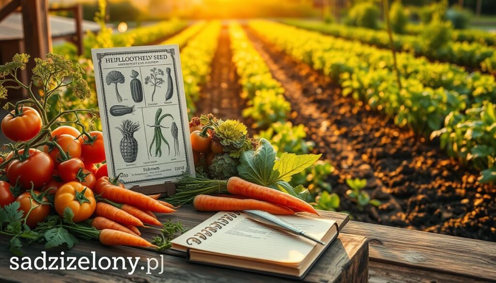A picturesque scene illustrating the history of seed cultivation with a focus on traditional vegetable varieties. In the foreground, an array of heirloom vegetables—vibrant tomatoes, unique carrots, and leafy greens—are artistically displayed on a rustic wooden table. In the middle ground, an intricate antique seed packet design featuring historical illustrations of different vegetables is delicately arranged beside a journal and quill, hinting at old gardening practices. The background showcases a serene garden bathed in soft, golden hour lighting, with rows of heirloom plants flourishing in rich soil. The overall mood is nostalgic and celebratory, reflecting the importance of preserving traditional plant varieties in an ecologically mindful manner. The logo "sadzielony.pl" subtly appears in the bottom corner.