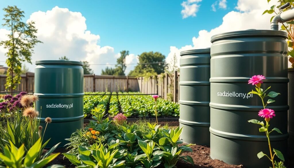 A serene, eco-friendly garden scene showcasing a sophisticated rainwater harvesting system. In the foreground, there are elegantly arranged barrels collecting rainwater, surrounded by vibrant green plants and colorful flowers. The middle ground features a lush vegetable patch, with a drip irrigation system visible, demonstrating efficient water use. The background reveals a clear blue sky with soft clouds, bathed in warm sunlight, creating a bright and inviting atmosphere. The entire scene captures the essence of water conservation in gardening, emphasizing sustainability. Include a subtle branding element of "sadzielony.pl" integrated into the design of the rainwater barrels. The composition should have a soft-focus effect, highlighting the beauty of an eco-friendly garden while maintaining clarity on the water-saving features.