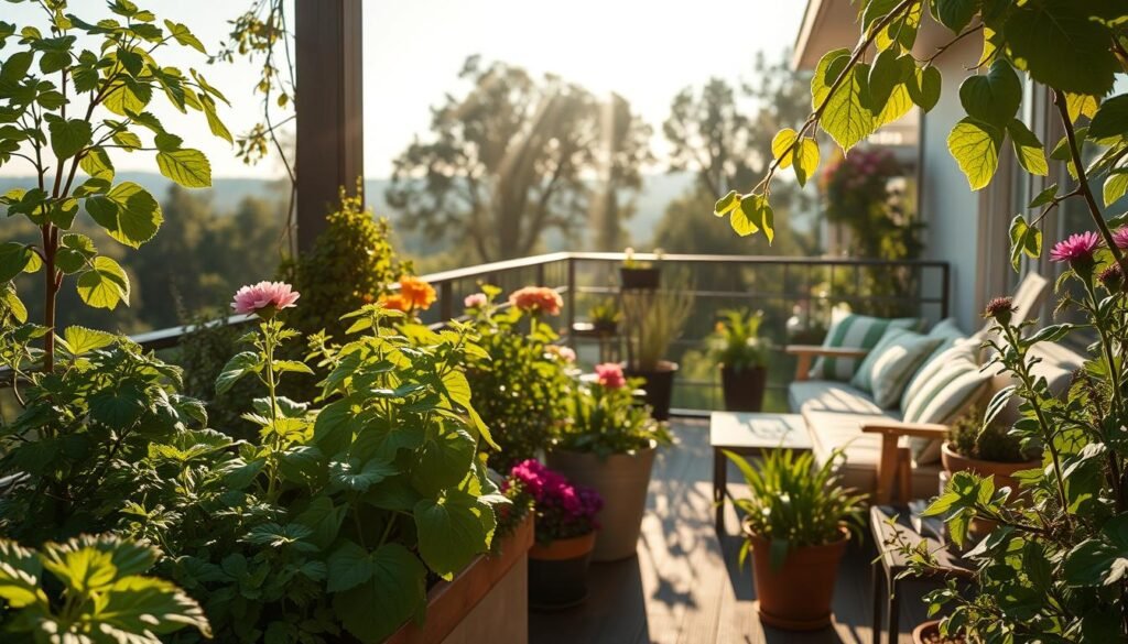 A serene eco-garden balcony or terrace space with abundant greenery and diverse plants, focusing on sunlight analysis. In the foreground, vibrant potted herbs and blooming flowers interact with varying angles of sunlight, casting intricate shadows. The middle ground features a comfortable seating area made from sustainable materials, inviting relaxation and contemplation. The background showcases a picturesque view with trees and a clear sky, emphasizing the importance of natural light and eco-friendly design. Golden sunlight filters through the leaves, creating a warm and inviting atmosphere. Capture this scene with soft, natural lighting to enhance the tranquility and sustainability theme, reflecting the principles of "sadzielony.pl." A serene eco-garden balcony or terrace space with abundant greenery and diverse plants, focusing on sunlight analysis. In the foreground, vibrant potted herbs and blooming flowers interact with varying angles of sunlight, casting intricate shadows. The middle ground features a comfortable seating area made from sustainable materials, inviting relaxation and contemplation. The background showcases a picturesque view with trees and a clear sky, emphasizing the importance of natural light and eco-friendly design. Golden sunlight filters through the leaves, creating a warm and inviting atmosphere. Capture this scene with soft, natural lighting to enhance the tranquility and sustainability theme, reflecting the principles of "sadzielony.pl."