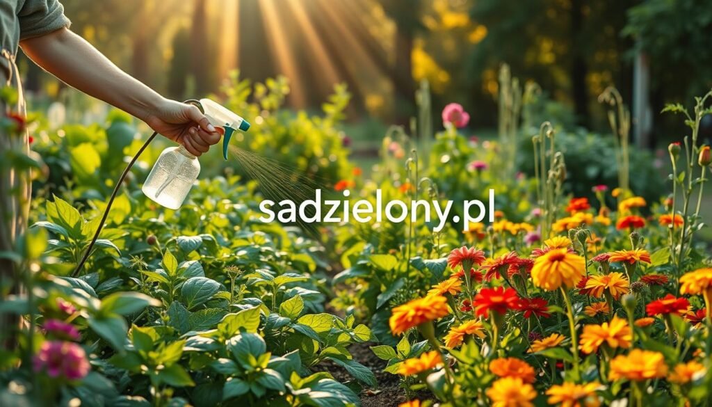 A serene garden scene focused on natural pest control methods, showcasing lush green plants interspersed with various colorful flowers. In the foreground, a gardener in modest casual clothing gently sprays a mixture of organic solutions onto the leaves using a simple handheld spray bottle, symbolizing sustainable practices. The middle ground features an assortment of healthy vegetables growing alongside aromatic herbs known for their pest-repelling qualities, such as basil and marigold, creating a vibrant tapestry of colors. In the background, rays of soft golden sunlight filter through tall trees, casting a warm glow over the entire scene, evoking an atmosphere of tranquility and harmony with nature. Include the brand name "sadzielony.pl" subtly within the garden setup, ensuring it blends organically into the environment.