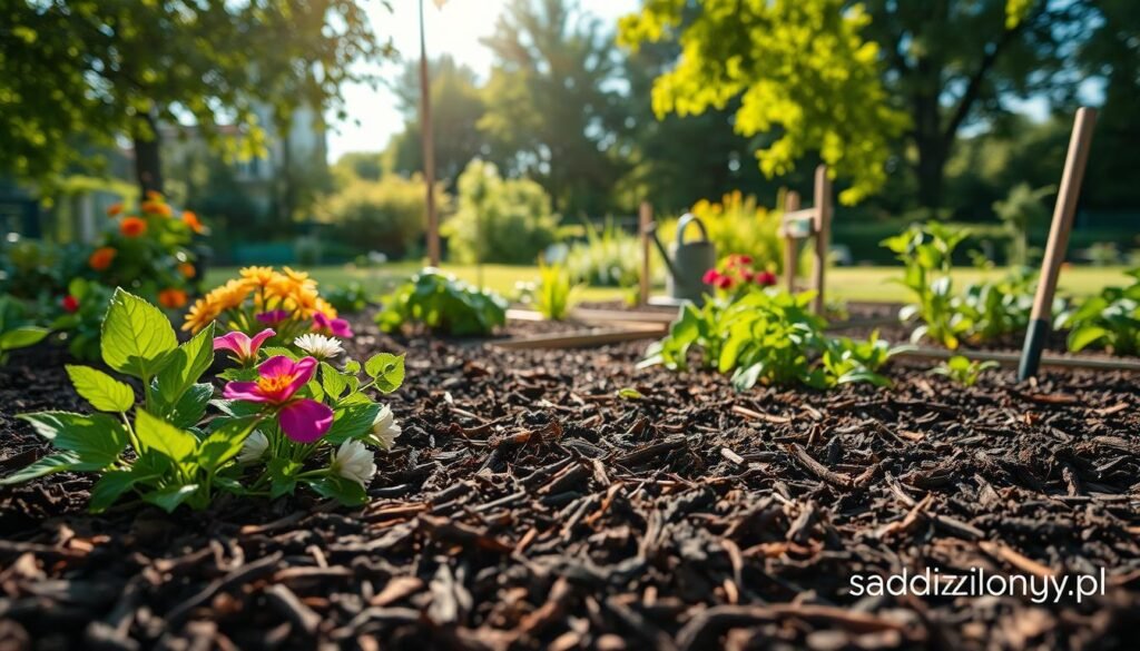 A serene garden scene showcasing effective mulching techniques, featuring a variety of fresh, colorful plants peeking through a rich layer of organic mulch. In the foreground, depict vibrant flowers and leafy greens partially covered by dark brown wood chips or straw mulch, helping to suppress weeds. The middle ground shows neatly mulched vegetable beds, with garden tools like a rake and a watering can casually placed to emphasize an inviting atmosphere. In the background, a lush garden with verdant trees and a clear blue sky infused with soft daylight filtering through leaves, creating a warm and peaceful vibe. The overall mood should be tranquil and encouraging, promoting natural gardening methods. Ensure the branding "sadzielony.pl" is subtly integrated into the scene, perhaps on a small signpost or garden label. A serene garden scene showcasing effective mulching techniques, featuring a variety of fresh, colorful plants peeking through a rich layer of organic mulch. In the foreground, depict vibrant flowers and leafy greens partially covered by dark brown wood chips or straw mulch, helping to suppress weeds. The middle ground shows neatly mulched vegetable beds, with garden tools like a rake and a watering can casually placed to emphasize an inviting atmosphere. In the background, a lush garden with verdant trees and a clear blue sky infused with soft daylight filtering through leaves, creating a warm and peaceful vibe. The overall mood should be tranquil and encouraging, promoting natural gardening methods. Ensure the branding "sadzielony.pl" is subtly integrated into the scene, perhaps on a small signpost or garden label.