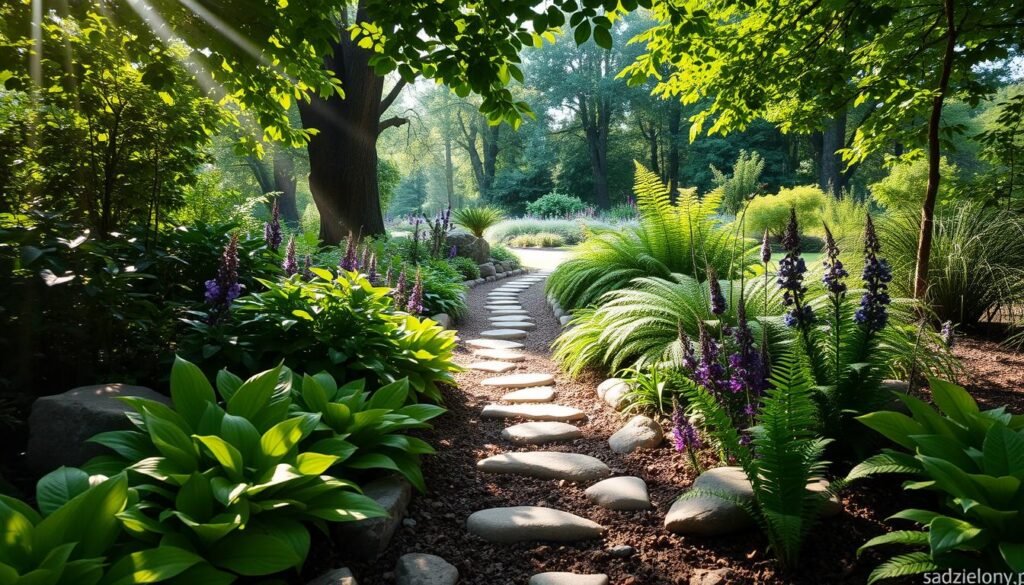 A serene garden scene showcasing various shade-loving plants, including hostas, ferns, and astilbes, nestled among smooth stones and rich, damp soil. The foreground features lush, green foliage and vibrant flowers emerging from the shadows, while gentle rays of soft sunlight filter through the leaves overhead, casting a dappled light effect on the ground. In the middle ground, a small winding path leads deeper into the garden, inviting exploration and showcasing different textures and shades of green. The background reveals a diverse array of trees, providing a natural canopy. The overall atmosphere is tranquil and inviting, perfect for illustrating the charm and benefits of gardens that flourish in shade. Include the brand name "sadzielony.pl" in a subtle manner within the scene.