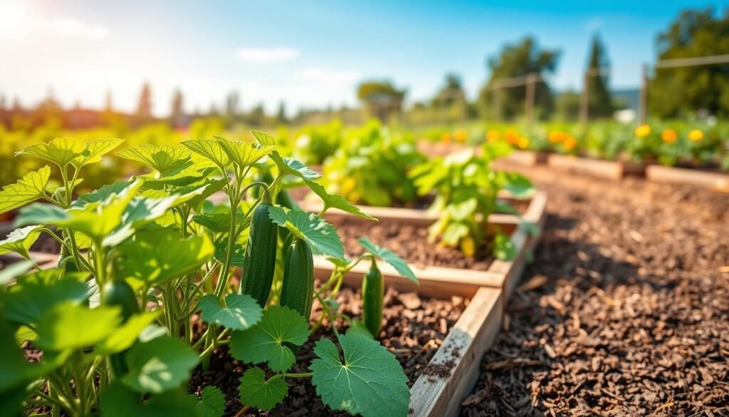 A serene garden setting showcasing ideal conditions for growing organic cucumbers. In the foreground, lush, green cucumber plants with vibrant leaves and budding cucumbers are thriving in rich, dark soil. The middle ground features a well-organized raised bed with wooden planks, surrounded by mulch for moisture retention. Behind, soft-focus rows of companion plants like marigolds and herbs promote biodiversity. The background has a clear blue sky with gentle sunlight filtering through, creating a warm and inviting atmosphere. The scene captures the essence of sustainable gardening, highlighting the importance of preparation for abundant crops. This image reflects the eco-friendly practices of "sadzielony.pl", emphasizing the beauty of organic farming.
