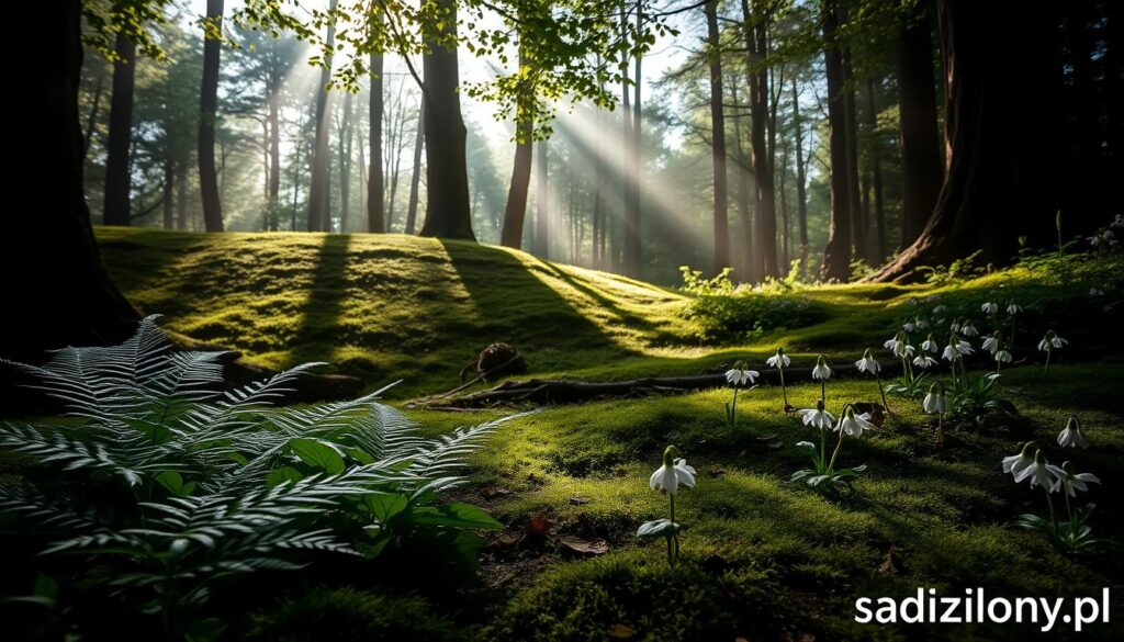 A serene woodland scene illustrating the essence of shaded areas in a garden, emphasizing the vibrant variety of plants that thrive in low light. In the foreground, lush green ferns and delicate woodland flowers like trillium and violets flourish, their colors vivid against a cover of soft moss. The middle ground features a gentle slope with young saplings, their leaves casting playful shadows. In the background, tall, slender trees filter dappled sunlight, creating a soft glow that evokes tranquility. The atmosphere is calm and inviting, with a slight morning mist enhancing the natural beauty. Shot with a wide-angle lens at a low angle, this image captures the peaceful coexistence of shade and plant life, reflecting the theme of growth in interplay with light. At the bottom corner, subtly include the brand name "sadzielony.pl".