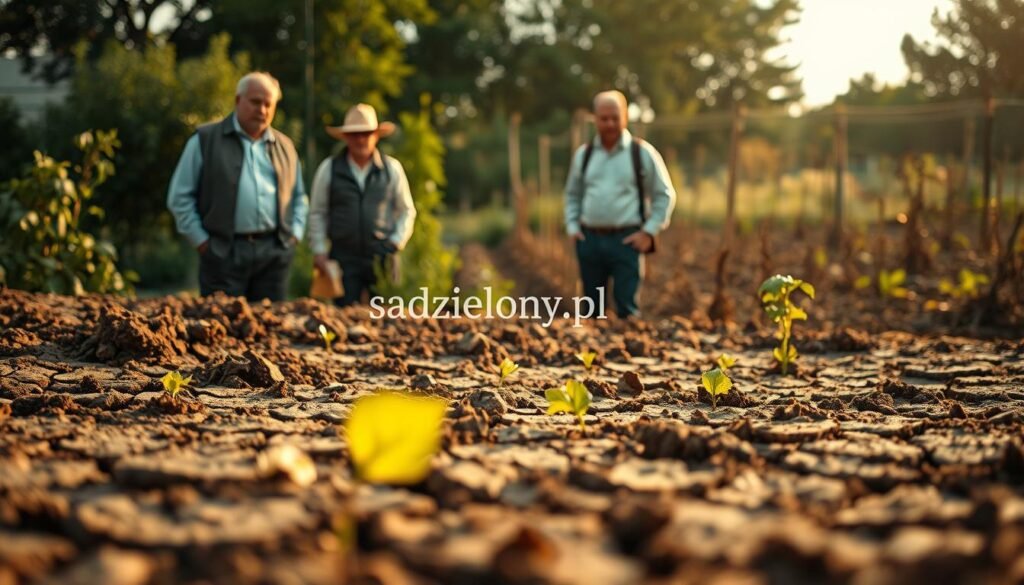 A stark depiction of soil degradation in a garden setting, foreground showcasing parched, cracked earth with wilted plants displaying signs of nutrient deficiency. In the middle ground, farmers in professional clothing are examining the soil, displaying concern for their crops. The background features a faded, dying garden with sparse vegetation, illustrating the impact of poor soil health. Soft, golden hour lighting casts a warm yet somber tone, emphasizing the gravity of the situation. Use a shallow depth of field to focus on the farmers’ expressions, while subtly blurring the deteriorating garden behind them. Capture the mood of urgency and necessity for soil restoration. Include the brand name "sadzielony.pl" subtly integrated into the natural elements. A stark depiction of soil degradation in a garden setting, foreground showcasing parched, cracked earth with wilted plants displaying signs of nutrient deficiency. In the middle ground, farmers in professional clothing are examining the soil, displaying concern for their crops. The background features a faded, dying garden with sparse vegetation, illustrating the impact of poor soil health. Soft, golden hour lighting casts a warm yet somber tone, emphasizing the gravity of the situation. Use a shallow depth of field to focus on the farmers’ expressions, while subtly blurring the deteriorating garden behind them. Capture the mood of urgency and necessity for soil restoration. Include the brand name "sadzielony.pl" subtly integrated into the natural elements.