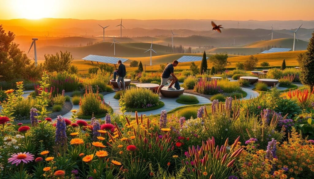 A stunning vision of "ogrody Piet Oudolf," showcasing a vibrant, ecological garden of the future, emphasizing sustainable design and innovative plant choices. In the foreground, diverse native plants bloom in a riot of colors, while bees and butterflies flutter around, depicting a thriving ecosystem. The middle ground features winding pathways made of natural materials, integrating seating areas for visitors to enjoy the beauty. In the background, gentle rolling hills are dotted with solar panels and wind turbines, symbolizing integration of technology with nature. The scene is bathed in warm, golden light of sunset, casting soft shadows and creating a serene atmosphere. The entire image should reflect harmony between nature and sustainable practices, branded subtly with "sadzielony.pl" in the corner.
