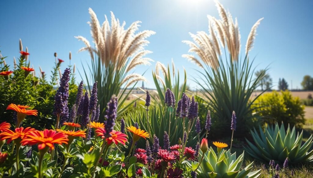 A sun-drenched garden scene showcasing resilient, heat-tolerant plants in various shades of green, arranged in an aesthetically pleasing layout. In the foreground, vibrant flowers like zinnias and lavender bloom alongside sturdy succulents, creating a lively tableau. The middle ground features tall ornamental grasses swaying gently, while the background presents a clear blue sky accentuated by the sun's warm rays, casting soft shadows. Use a shallow depth of field to focus on the flora, giving a sense of warmth and tranquility. The overall atmosphere suggests resilience and beauty in hot climates, ideal for illustrating the importance of selecting heat-resistant plants. The composition should evoke a sense of eco-friendliness, matching the ethos of sadzielony.pl. A sun-drenched garden scene showcasing resilient, heat-tolerant plants in various shades of green, arranged in an aesthetically pleasing layout. In the foreground, vibrant flowers like zinnias and lavender bloom alongside sturdy succulents, creating a lively tableau. The middle ground features tall ornamental grasses swaying gently, while the background presents a clear blue sky accentuated by the sun's warm rays, casting soft shadows. Use a shallow depth of field to focus on the flora, giving a sense of warmth and tranquility. The overall atmosphere suggests resilience and beauty in hot climates, ideal for illustrating the importance of selecting heat-resistant plants. The composition should evoke a sense of eco-friendliness, matching the ethos of sadzielony.pl.