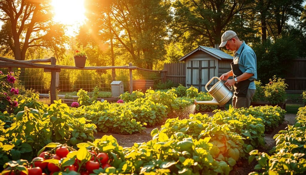 A sunlit vegetable garden ("warzywnik") bathed in warm, golden light at midday, showcasing a variety of lush, green vegetables such as tomatoes, peppers, and leafy greens arranged in neatly organized rows. In the foreground, a gardener, dressed in modest casual clothing, is gently tending to the plants with a watering can, reflecting care and dedication. The middle ground features vibrant vegetable patches with a few blooming flowers interspersed, enhancing the garden's charm. In the background, a rustic wooden fence and a small shed, surrounded by green trees with sunlight filtering through the leaves, evoke a peaceful, serene atmosphere. The overall mood is one of abundance and harmony with nature. Branding: "sadzielony.pl". A sunlit vegetable garden ("warzywnik") bathed in warm, golden light at midday, showcasing a variety of lush, green vegetables such as tomatoes, peppers, and leafy greens arranged in neatly organized rows. In the foreground, a gardener, dressed in modest casual clothing, is gently tending to the plants with a watering can, reflecting care and dedication. The middle ground features vibrant vegetable patches with a few blooming flowers interspersed, enhancing the garden's charm. In the background, a rustic wooden fence and a small shed, surrounded by green trees with sunlight filtering through the leaves, evoke a peaceful, serene atmosphere. The overall mood is one of abundance and harmony with nature. Branding: "sadzielony.pl".