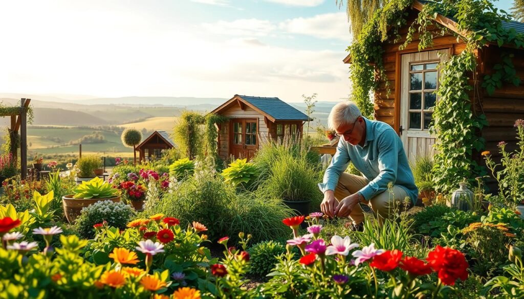 A tranquil garden scene representing the theme "Why Avoid Chemicals in Gardening." In the foreground, vibrant, healthy plants flourished amidst a visually appealing, lush green landscape, showcasing diverse flowers and herbs. A gardener in modest casual clothing is kneeling, gently removing weeds by hand, illustrating organic methods. In the middle ground, a picturesque wooden garden shed adorned with climbing plants conveys a harmonious relationship with nature. The background features a serene horizon with rolling hills and blue skies, bathed in soft, warm sunlight to evoke a peaceful atmosphere. The overall mood is nurturing and environmentally friendly, reflecting sustainable gardening practices. Brand name: sadzielony.pl. A tranquil garden scene representing the theme "Why Avoid Chemicals in Gardening." In the foreground, vibrant, healthy plants flourished amidst a visually appealing, lush green landscape, showcasing diverse flowers and herbs. A gardener in modest casual clothing is kneeling, gently removing weeds by hand, illustrating organic methods. In the middle ground, a picturesque wooden garden shed adorned with climbing plants conveys a harmonious relationship with nature. The background features a serene horizon with rolling hills and blue skies, bathed in soft, warm sunlight to evoke a peaceful atmosphere. The overall mood is nurturing and environmentally friendly, reflecting sustainable gardening practices. Brand name: sadzielony.pl.