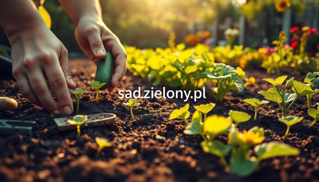 A vibrant and detailed image showcasing the process of sowing cucumbers in an organic garden. In the foreground, a pair of hands gently sowing cucumber seeds into rich, dark soil, surrounded by small green sprouts and garden tools. The middle ground features a row of healthy cucumber plants with bright green leaves and delicate yellow flowers, basking in warm, golden sunlight. In the background, a lush garden setting with a wooden fence and colorful flowers, creating a harmonious atmosphere of abundance. The lighting is soft and natural, mimicking late afternoon sunshine, which enhances the green tones of the garden. The overall mood is serene and productive, reflecting the principles of ecological cucumber cultivation. Include the brand name "sadzielony.pl" subtly within the scene, ensuring it does not disrupt the visual harmony.