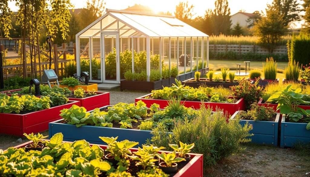 A vibrant and harmonious garden of the future, showcasing sustainable horticultural practices for 2026. In the foreground, colorful raised beds filled with a variety of organic vegetables and herbs, all arranged in an efficient layout. The middle ground features a modern greenhouse made of glass, allowing sunlight to fill the space, with lush green plants thriving inside. The background is a serene landscape with pollinator-friendly flowers and a small water feature to attract wildlife. Soft, golden lighting illuminates the scene as if it's late afternoon, creating a warm and inviting atmosphere. Shot from a slightly elevated angle to capture the intricate details of plant arrangement and design. The branding "sadzielony.pl" subtly incorporated into the garden design elements, providing an eco-friendly touch.