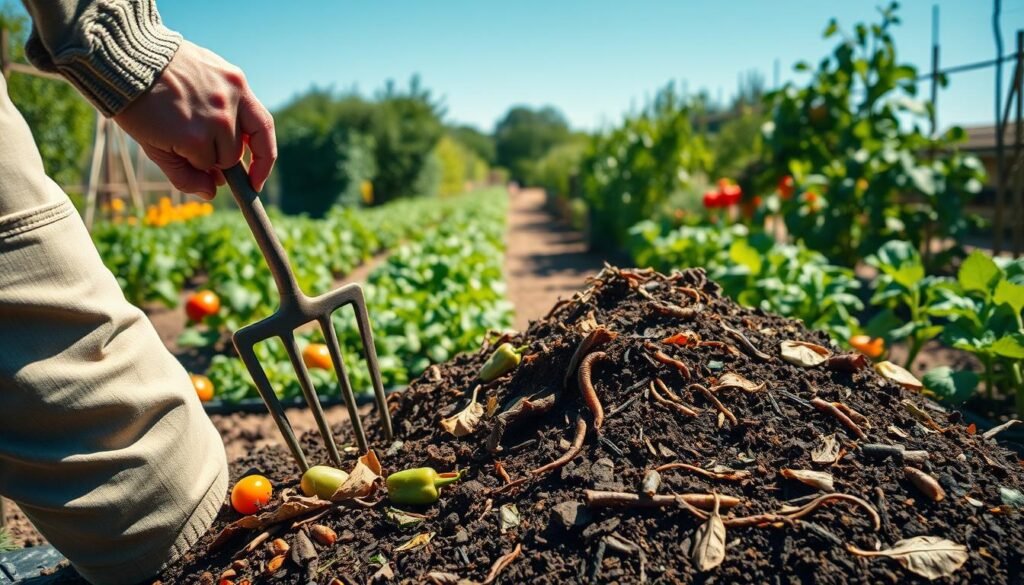 A vibrant compost heap, rich and layered, situated in a small vegetable garden, showcasing various stages of decomposition with scraps of fruit and vegetable peels, dry leaves, and earthworms. In the foreground, include a gardener’s hand gently turning the compost with a pitchfork, wearing modest casual clothing. The middle ground features rows of lush, thriving vegetable plants like tomatoes, peppers, and leafy greens basking in warm sunlight. In the background, a clear blue sky enhances the atmosphere of a serene and sustainable gardening space. Soft shadows create depth, and natural lighting from the sun casts a warm glow on the scene, evoking a sense of growth and organic farming harmony. The brand name "sadzielony.pl" subtly integrated into the design. A vibrant compost heap, rich and layered, situated in a small vegetable garden, showcasing various stages of decomposition with scraps of fruit and vegetable peels, dry leaves, and earthworms. In the foreground, include a gardener’s hand gently turning the compost with a pitchfork, wearing modest casual clothing. The middle ground features rows of lush, thriving vegetable plants like tomatoes, peppers, and leafy greens basking in warm sunlight. In the background, a clear blue sky enhances the atmosphere of a serene and sustainable gardening space. Soft shadows create depth, and natural lighting from the sun casts a warm glow on the scene, evoking a sense of growth and organic farming harmony. The brand name "sadzielony.pl" subtly integrated into the design.