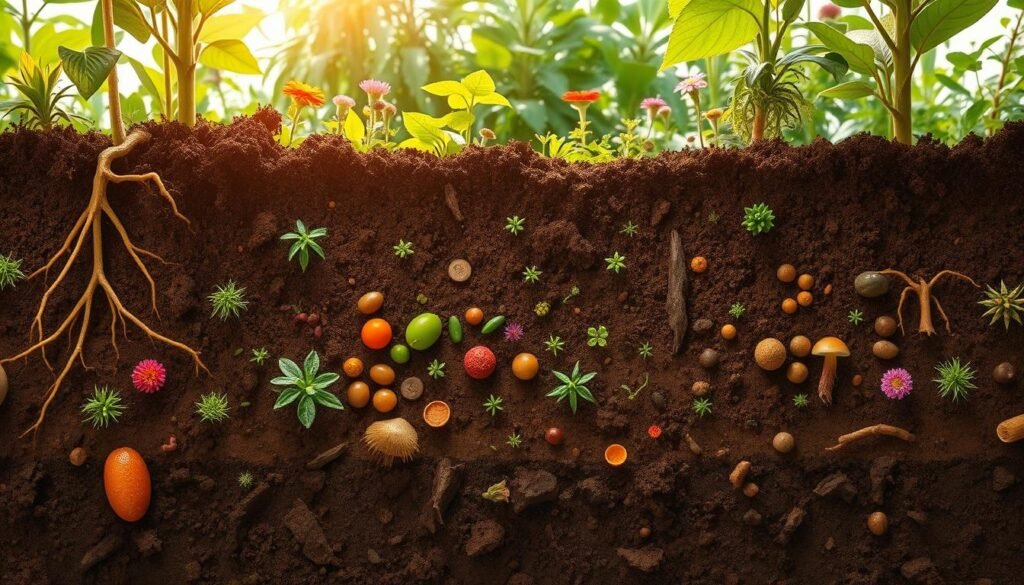 A vibrant, detailed illustration of a soil microbiome, showcasing an intricate ecosystem beneath the surface. In the foreground, various microorganisms like bacteria, fungi, and protozoa interact harmoniously with roots of healthy plants. The middle ground features rich, dark soil teeming with life, and underground textures that suggest nutrient-rich layers. In the background, a lush garden filled with diverse green plants, flowers, and organic elements thrives under soft, natural sunlight filtering through leaves. The scene captures a warm, inviting atmosphere emphasizing the interconnectedness of life. The image portrays a sense of balance and vitality, ideal for the brand "sadzielony.pl". Use a close-up perspective and a slightly elevated angle for a comprehensive view. A vibrant, detailed illustration of a soil microbiome, showcasing an intricate ecosystem beneath the surface. In the foreground, various microorganisms like bacteria, fungi, and protozoa interact harmoniously with roots of healthy plants. The middle ground features rich, dark soil teeming with life, and underground textures that suggest nutrient-rich layers. In the background, a lush garden filled with diverse green plants, flowers, and organic elements thrives under soft, natural sunlight filtering through leaves. The scene captures a warm, inviting atmosphere emphasizing the interconnectedness of life. The image portrays a sense of balance and vitality, ideal for the brand "sadzielony.pl". Use a close-up perspective and a slightly elevated angle for a comprehensive view.