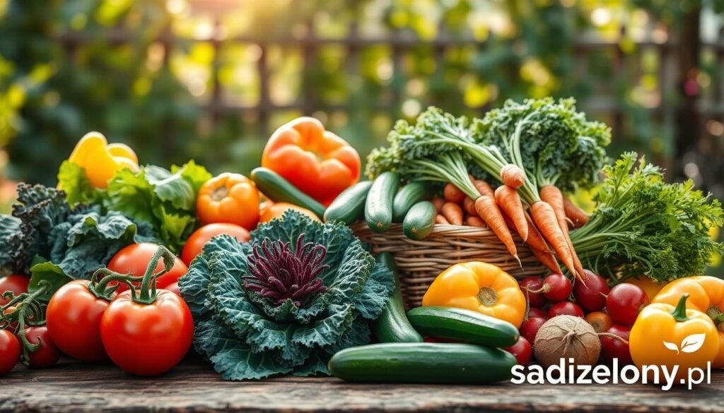 A vibrant display of organic vegetables arranged artistically on a rustic wooden table. In the foreground, include a variety of colorful vegetables such as bright red tomatoes, leafy green kale, crisp cucumbers, and golden bell peppers, showcasing their natural textures and colors. In the middle ground, place a woven basket filled with freshly picked carrots and radishes, their greens still attached, hinting at their freshness. The background features a softly blurred garden setting with sunlight filtering through leaves, creating a warm and inviting atmosphere. The scene is captured with a shallow depth of field, emphasizing the vegetables while gently softening the background. The mood is wholesome and earthy, reflecting the essence of organic farming. Incorporate the logo of "sadzielony.pl" subtly in the corner, ensuring it integrates harmoniously with the composition. A vibrant display of organic vegetables arranged artistically on a rustic wooden table. In the foreground, include a variety of colorful vegetables such as bright red tomatoes, leafy green kale, crisp cucumbers, and golden bell peppers, showcasing their natural textures and colors. In the middle ground, place a woven basket filled with freshly picked carrots and radishes, their greens still attached, hinting at their freshness. The background features a softly blurred garden setting with sunlight filtering through leaves, creating a warm and inviting atmosphere. The scene is captured with a shallow depth of field, emphasizing the vegetables while gently softening the background. The mood is wholesome and earthy, reflecting the essence of organic farming. Incorporate the logo of "sadzielony.pl" subtly in the corner, ensuring it integrates harmoniously with the composition.