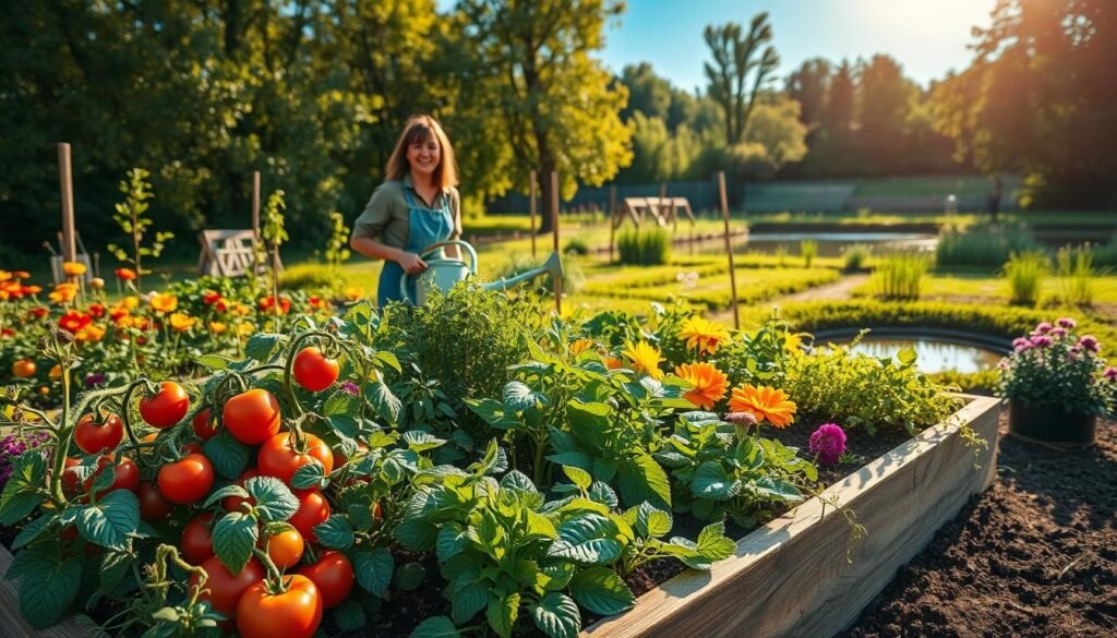 A vibrant ecological garden filled with a variety of colorful plants and flowers, showcasing sustainable gardening practices. In the foreground, a neatly arranged vegetable patch with ripe tomatoes, leafy greens, and herbs surrounded by a natural wooden border. The middle ground features a cheerful gardener in modest casual clothing, tending to the plants with a watering can, showcasing care and dedication. The background depicts a serene landscape with a natural pond, native trees, and a clear blue sky bathed in warm sunlight, creating a bright and inspiring atmosphere. The scene emphasizes harmony with nature, showcasing the benefits of eco-friendly gardening. Soft, natural lighting highlights the textures of the plants and soil, enhancing the rich colors. This image reflects the essence of a thriving eco garden, inspired by sadzielony.pl.